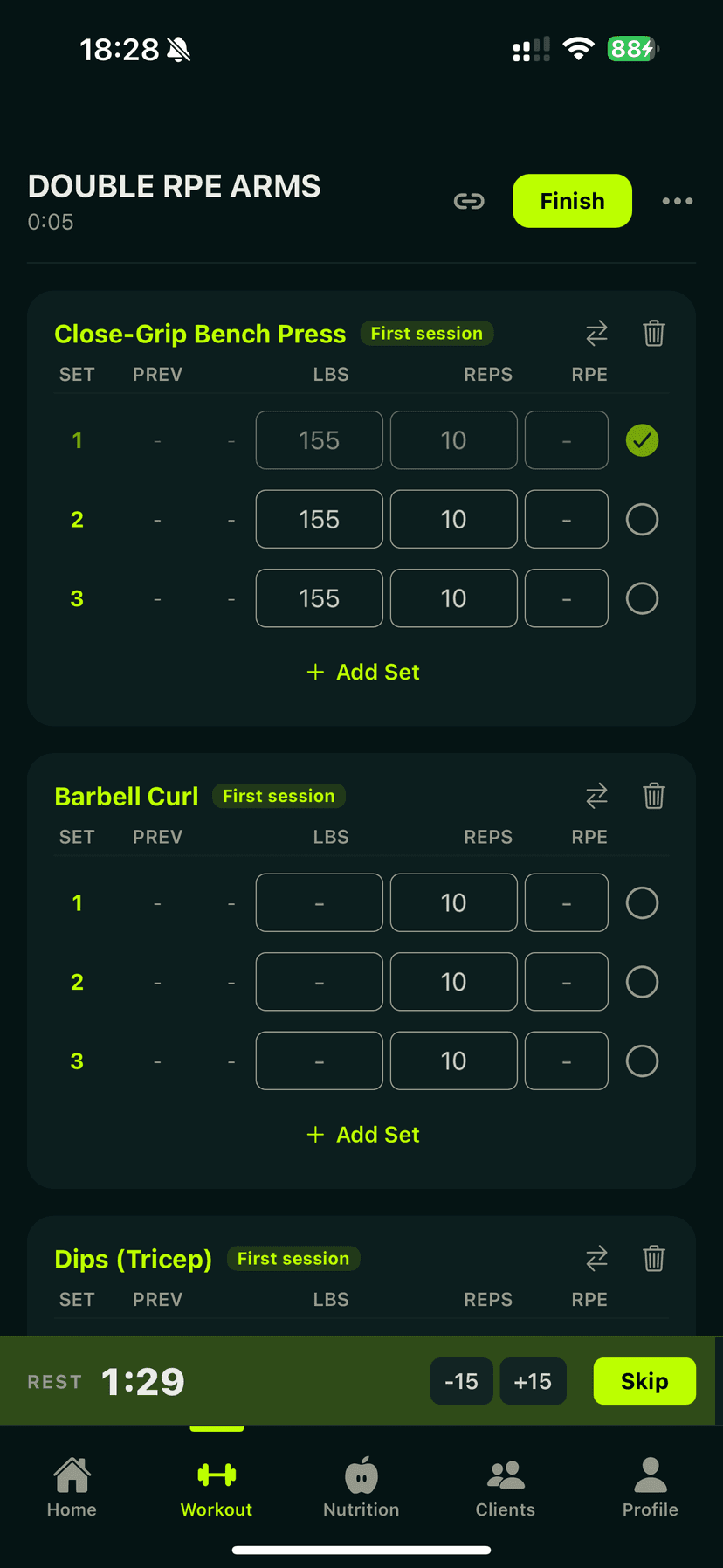 Kova workout screen